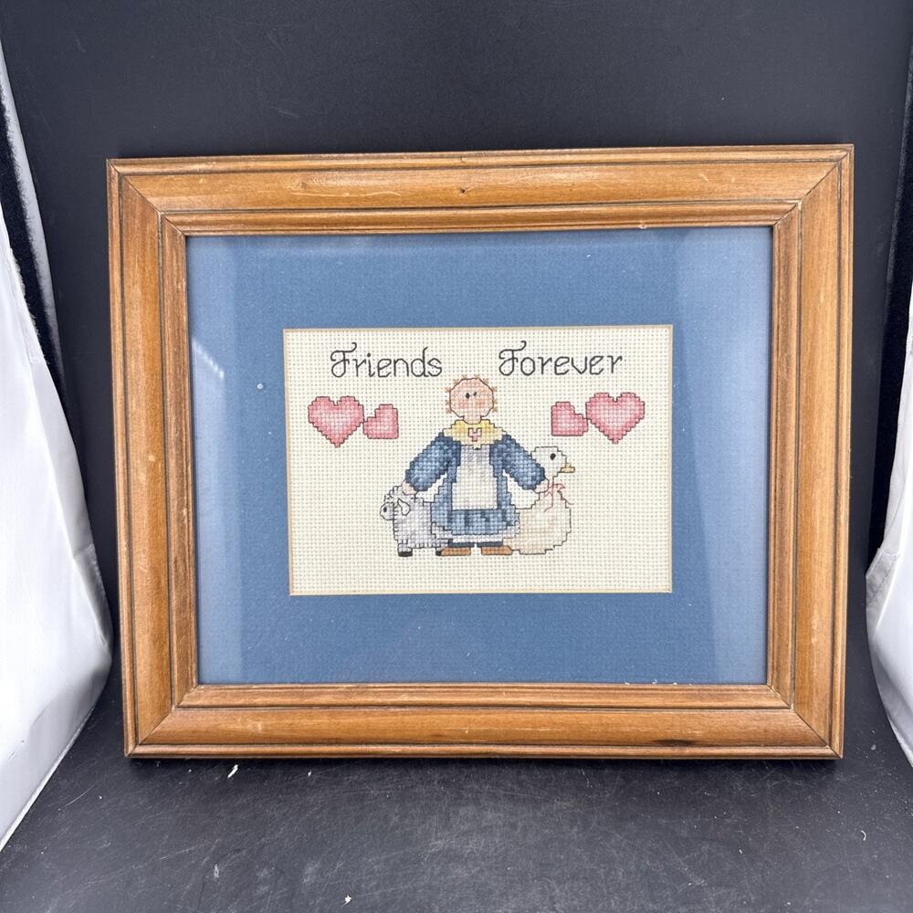 Vintage Friends Forever Cross Stitch Framed Finished Girl Lamb Goose Country